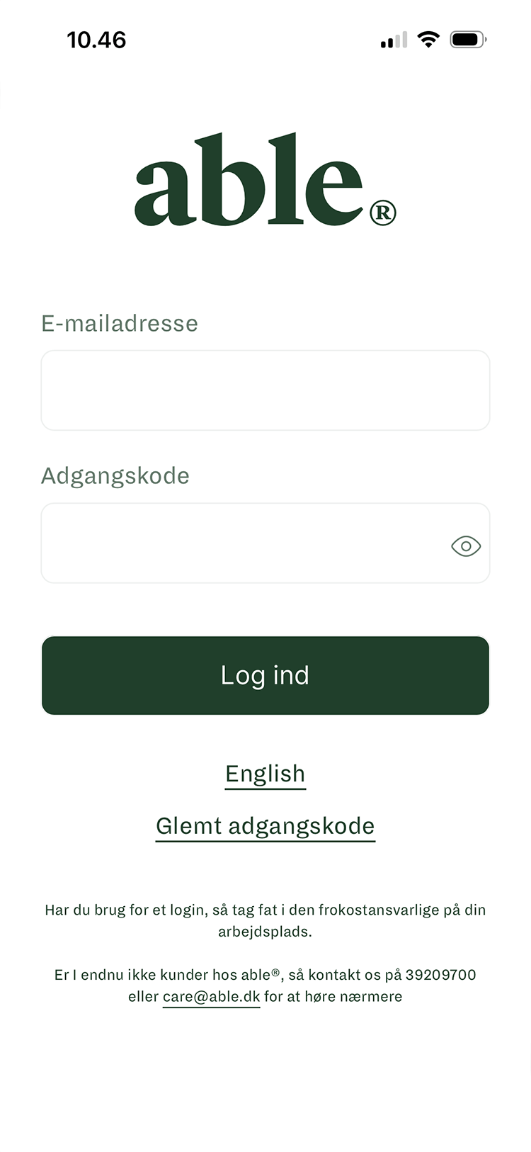 Screenshot af able app, der viser loginformularen